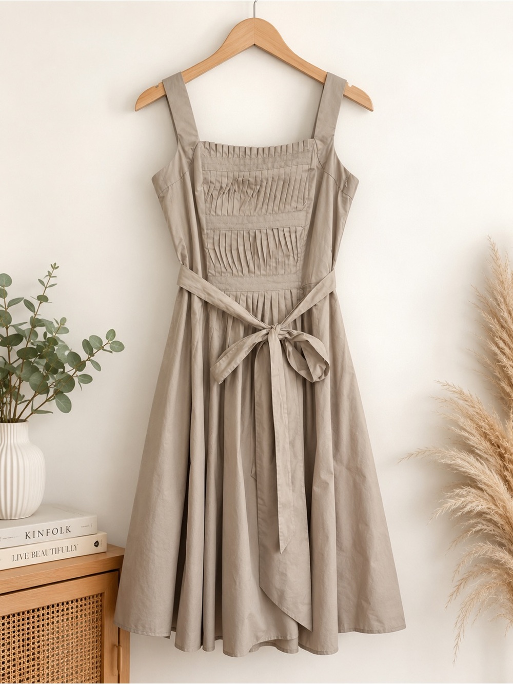Zara Sleeveless Smocked Waist Tie Midi Dress - Taupe